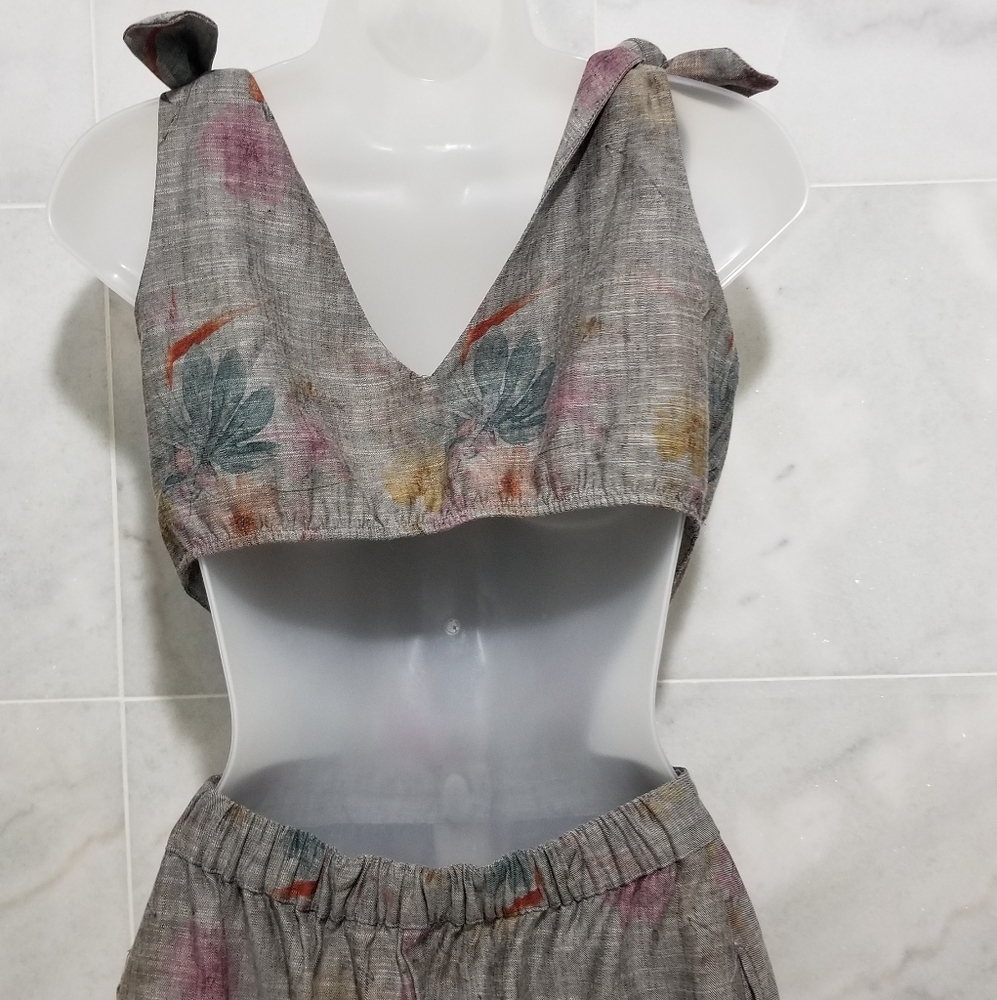 Reformation Gisela Dress Grey Floral Tie Shoulder Cutout Buttondown 2 - Picture 10 of 13